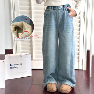 中大童一体绒裤 女童加绒牛仔裤 儿童韩系加厚直筒裤 新款 子 2025冬装