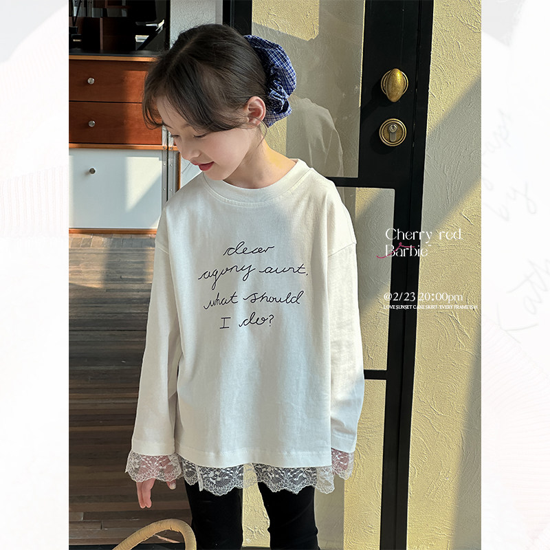 儿童T恤25春秋季新款女童白色蕾丝拼接圆领长袖打底衫百搭上衣潮,童装/婴儿装/亲子装,T恤,淘宝优惠券,粉丝福利购,淘宝优惠卷