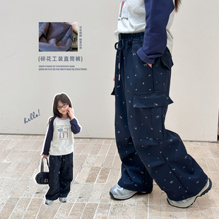 女童工装裤冬季新款儿童韩系一体绒休闲裤中大童洋气加绒直筒裤子