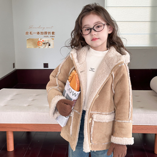 女童羊羔绒外套2025冬装新款儿童韩系一体加绒上衣中大童洋气棉服