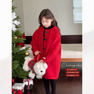 女童呢子大衣2024冬季新款儿童红色牛角扣中长款毛呢外套元旦新年