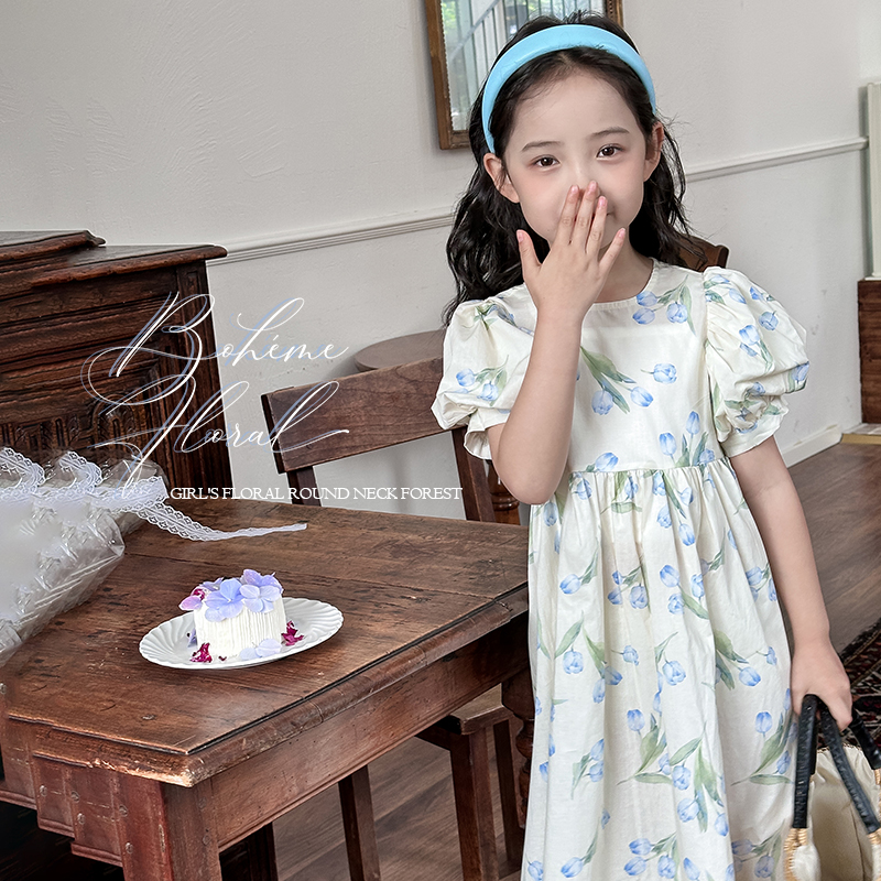 女童碎花圆领森系公主连衣裙