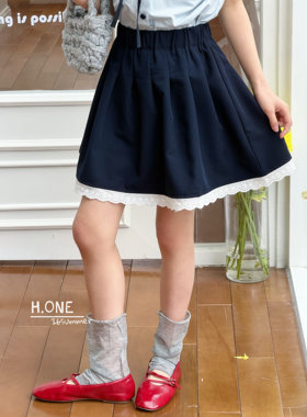 女童26夏季学院风蓝色m系短袖衬衫藏青色蕾丝拼接半身裙裤套装