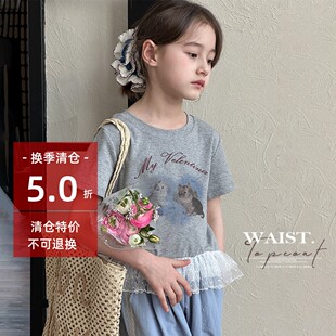 兒童韓系蕾絲拼接中大童修身 女童短袖 T恤2025夏季 新款 上衣潮 短款