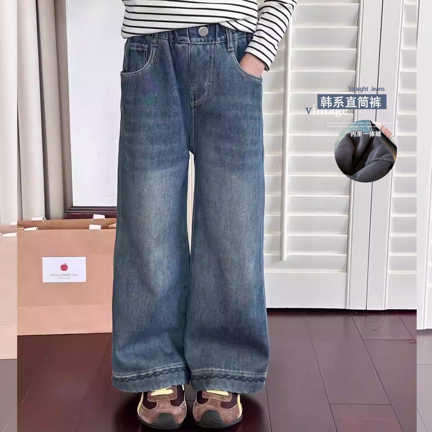 女童加绒牛仔裤2025冬季新款儿童韩系一体绒裤子中大女孩直筒裤