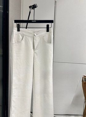 Du家 美式白色纹理休闲裤v字腰头皮裤女秋新款高腰直筒设计感长裤