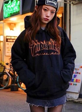正品美版Thrasher Flame Hood 火焰加绒帽衫卫衣男女宽松情侣潮牌