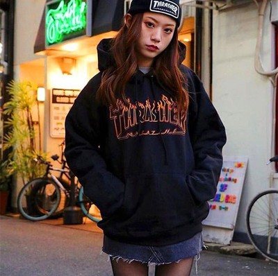 正品美版Thrasher Flame Hood 火焰加绒帽衫卫衣男女宽松情侣潮牌