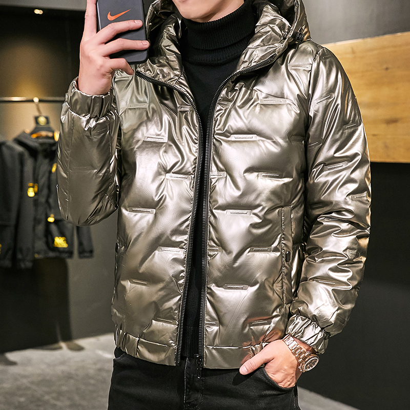 Net red same hooded bright face down jacket men's fashion embossed winter coat
