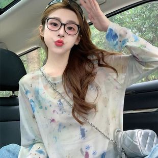 设计感圆领薄款 大码 T恤女夏季 女装 胖mm上衣 水墨扎染网纱防晒长袖