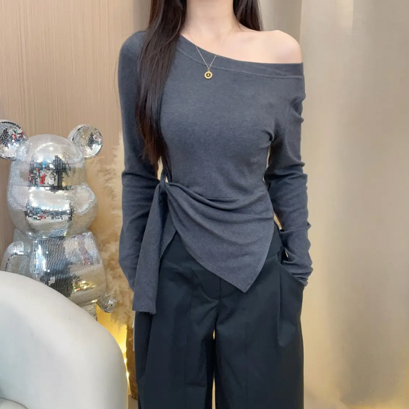 大码胖mm韩系条纹不规则开叉斜肩长袖T恤女装早秋收腰设计感上衣