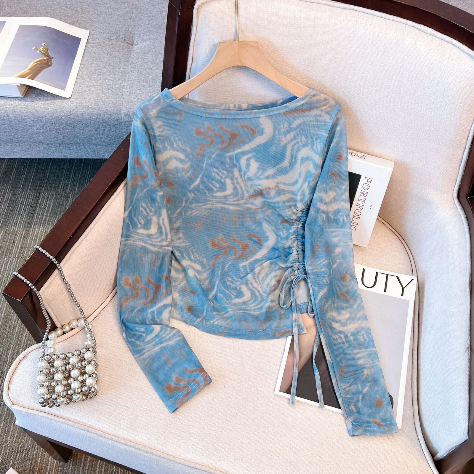 蓝色扎染网纱长袖t恤女夏薄款美式辣妹修身显瘦抽绳防晒罩衫上衣