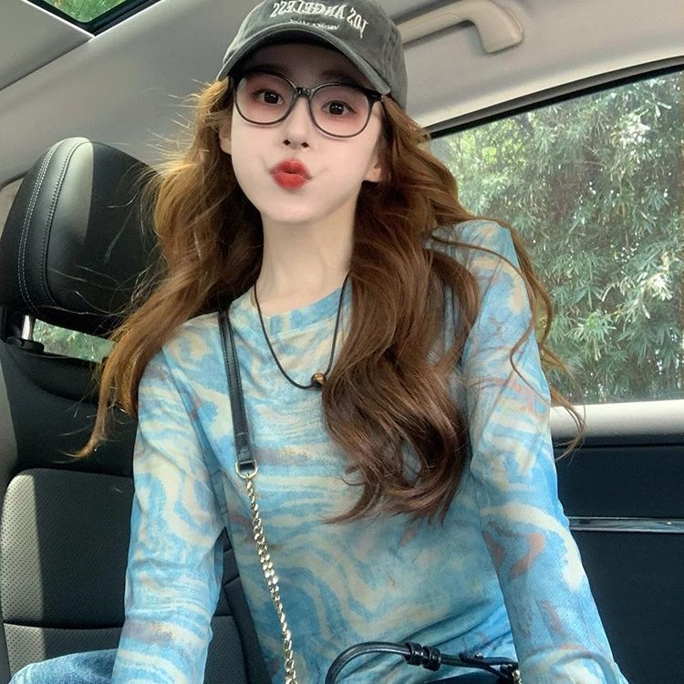 大码女装扎染网纱薄款长袖t恤女夏季新款设计感美式胖mm防晒上衣