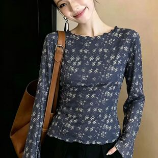 大码女装木耳边碎花双层网纱喇叭长袖t恤夏季新款上衣防晒衣罩衫