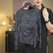 女装 T恤女新款 秋季 印花气质绑带长袖 设计感网纱上衣 双层韩版 大码