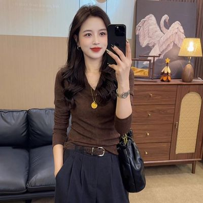 大码女装韩版V领长袖T恤打底衫
