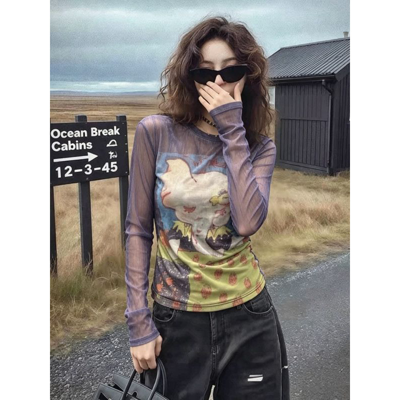 大码女装高级感印花双层网纱长袖防晒衫T恤时尚显瘦百搭圆领上衣图片