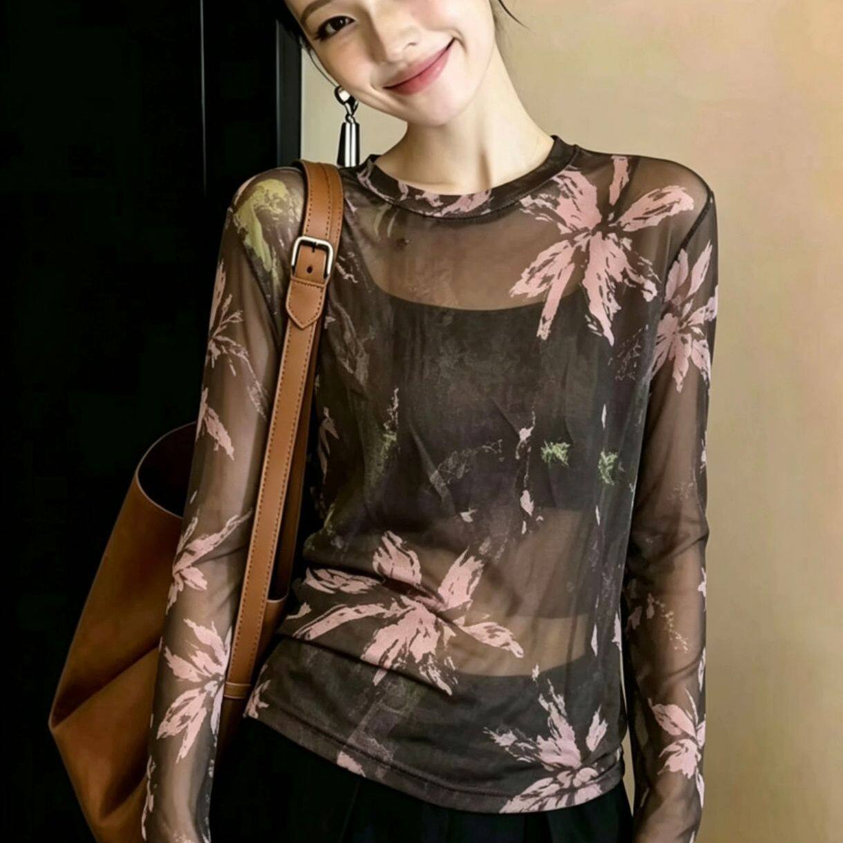 大码女装薄款印花设计长袖防晒T恤夏季圆领网纱透视百搭显瘦上衣