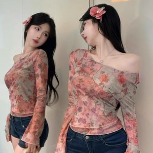 甜辣妹设计感小众防晒上衣 法式 碎花网纱薄款 印染露肩t恤夏季 薄款