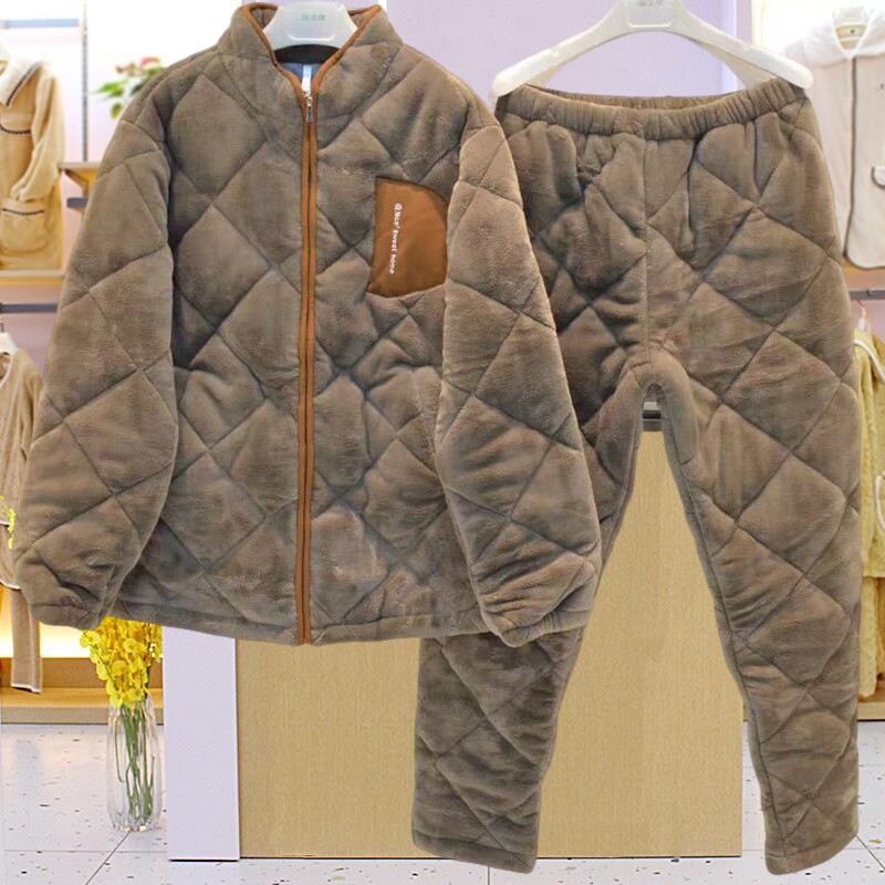 妮可雅睡衣冬季男加厚珊瑚绒加厚夹棉立领拉链时尚保暖家居服棉袄