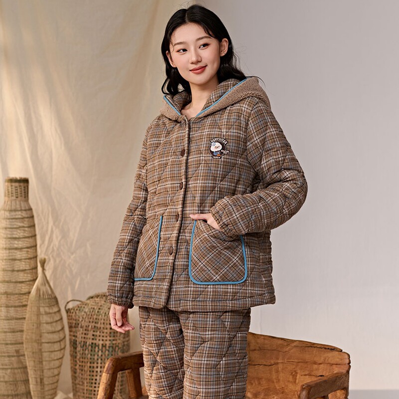 安之伴睡衣冬季女士三层加厚梭织夹棉时尚保暖连帽青年家居服棉袄