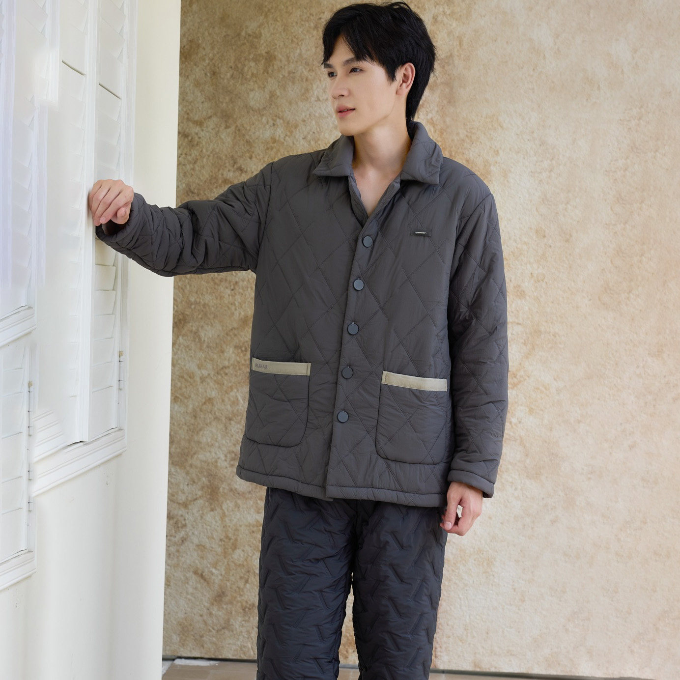 佰伦熊睡衣冬季男三层加厚羽绒棉夹棉时尚保暖青年家居服棉袄套装