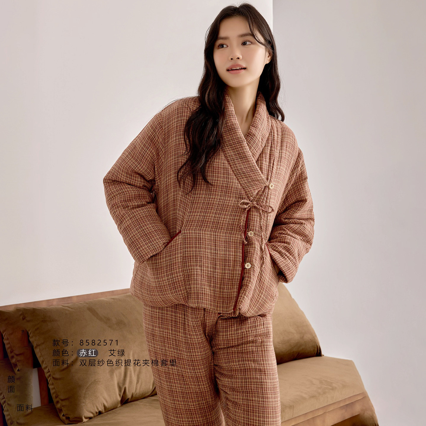 精雅睡衣冬季女士三层加厚夹棉纯棉梭织格时尚保暖青年家居服棉袄