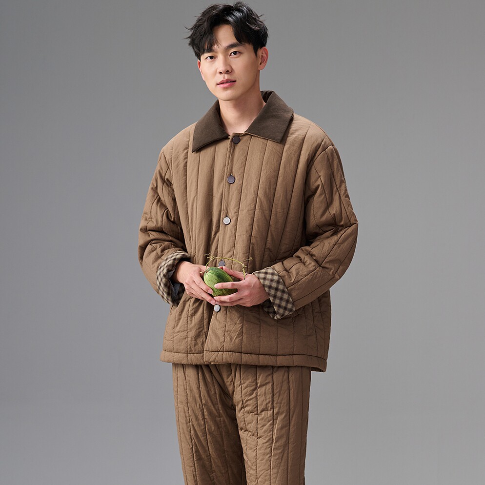 安之伴男冬季三层夹棉纯棉睡衣
