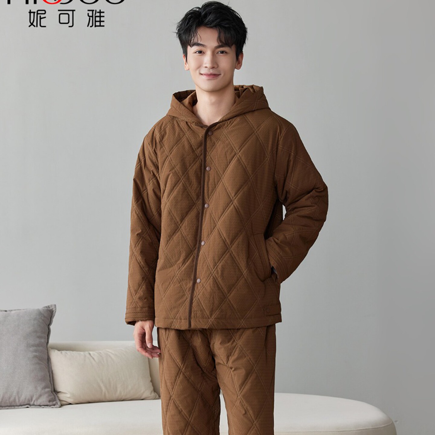 妮可雅睡衣冬季男士羽绒布三层中厚薄夹棉时尚保暖连帽青年家居服