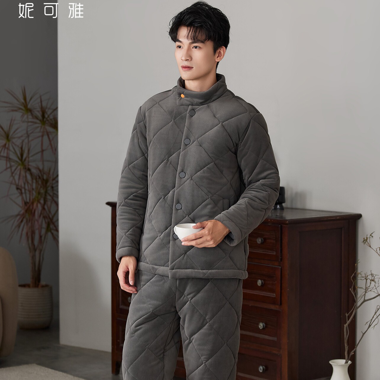 妮可雅睡衣冬季男士奥毛绒三层加厚珊瑚绒夹棉时尚保暖家居服棉袄