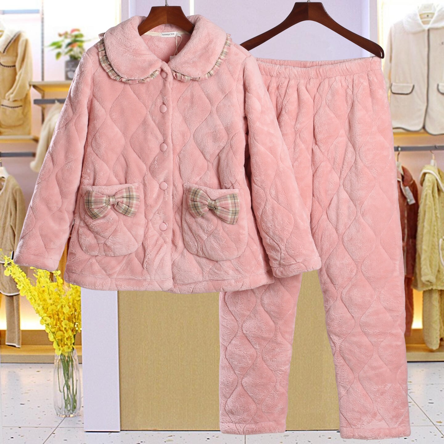 精雅睡衣冬季女士三层加厚珊瑚绒夹棉时尚保暖青年家居服棉袄套装