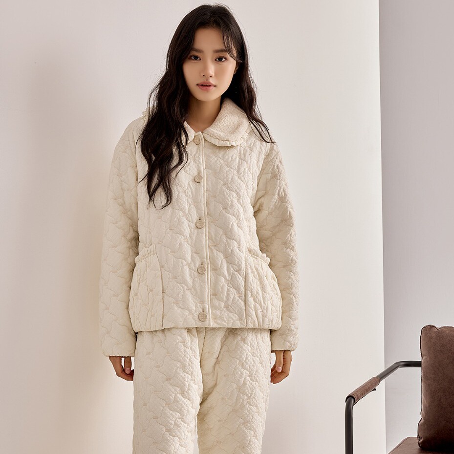 精雅睡衣冬季女士春亚纺绣花三层加厚夹棉时尚保暖青年家居服套装