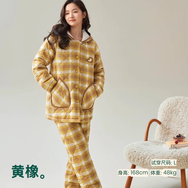 安之伴巨保暖睡衣女冬季三层夹棉加厚冬款梭织连帽格子家居服套装