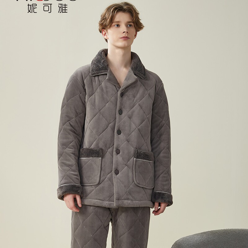 妮可雅睡衣冬男三层夹棉加厚珊瑚绒素色时尚保暖消光法兰绒家居服