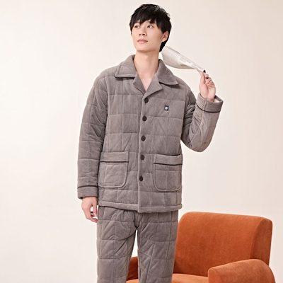 安之伴睡衣冬季奥毛绒剪花男士三层加厚珊瑚绒夹棉时尚保暖家居服