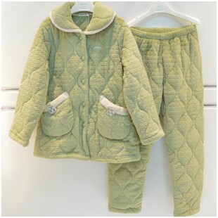 精雅女士夹棉睡衣2024冬季牛奶绒剪花三层加厚中长款保暖套装棉袄