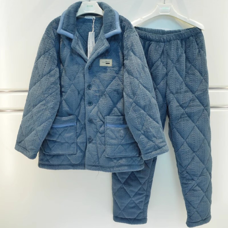 精雅加绒睡衣冬季男士牛奶绒三层加厚珊瑚绒夹棉袄保暖家居服套装