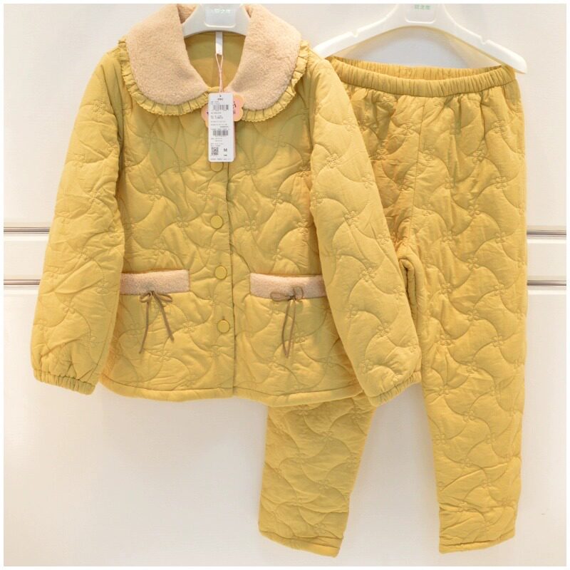 乐可美睡衣冬季女梭织纯棉加绒三层薄夹棉甜美保暖中厚家居服套装
