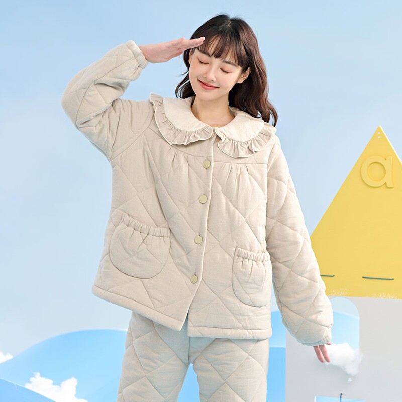 安之伴睡衣冬女三层加厚梭织夹棉时尚保暖青年可爱家居服棉袄套装