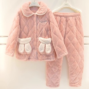 精雅睡衣冬季女雅舒绒素色三层珊瑚绒加厚夹棉卡通可爱保暖家居服