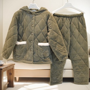 精雅儿童夹棉睡衣冬季 三层加厚珊瑚绒可爱保暖女孩连帽棉袄家居服