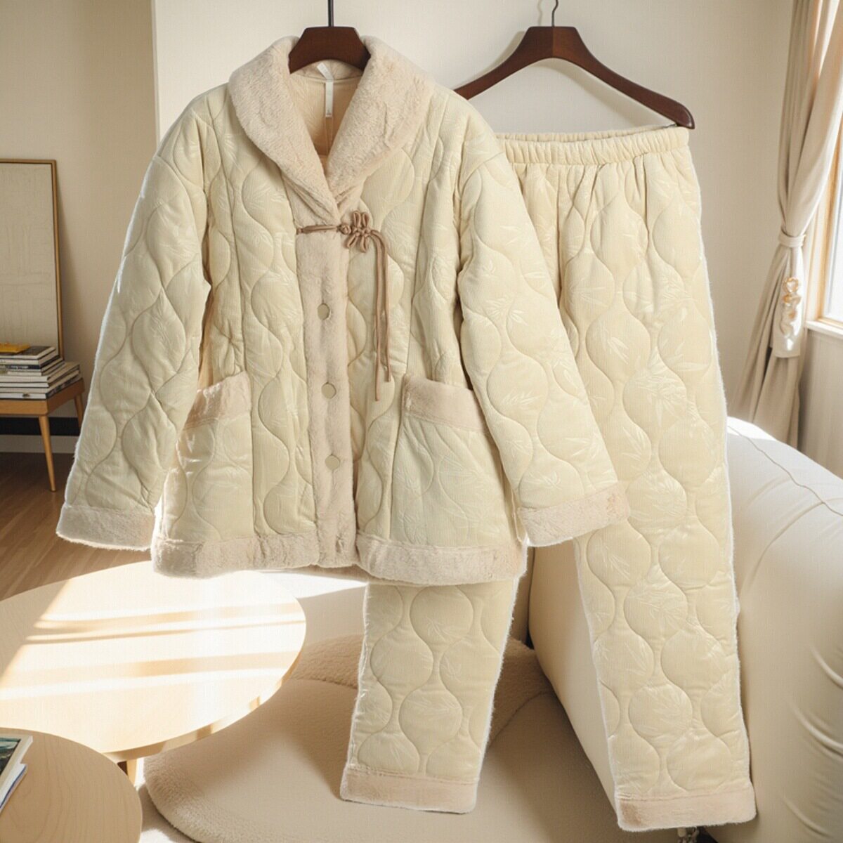 安之伴睡衣冬季女三层加厚珊瑚绒夹棉印花时尚保暖青年家居服棉袄