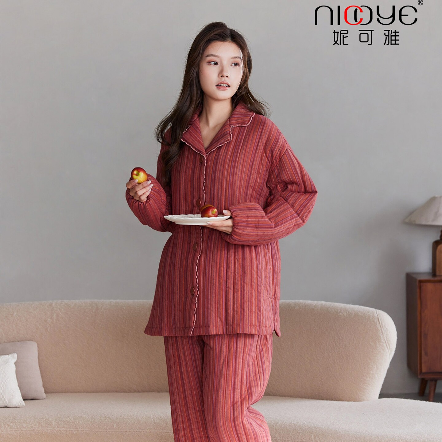 妮可雅睡衣冬季女士纯棉梭织中厚薄夹棉时尚保暖青年中长款家居服