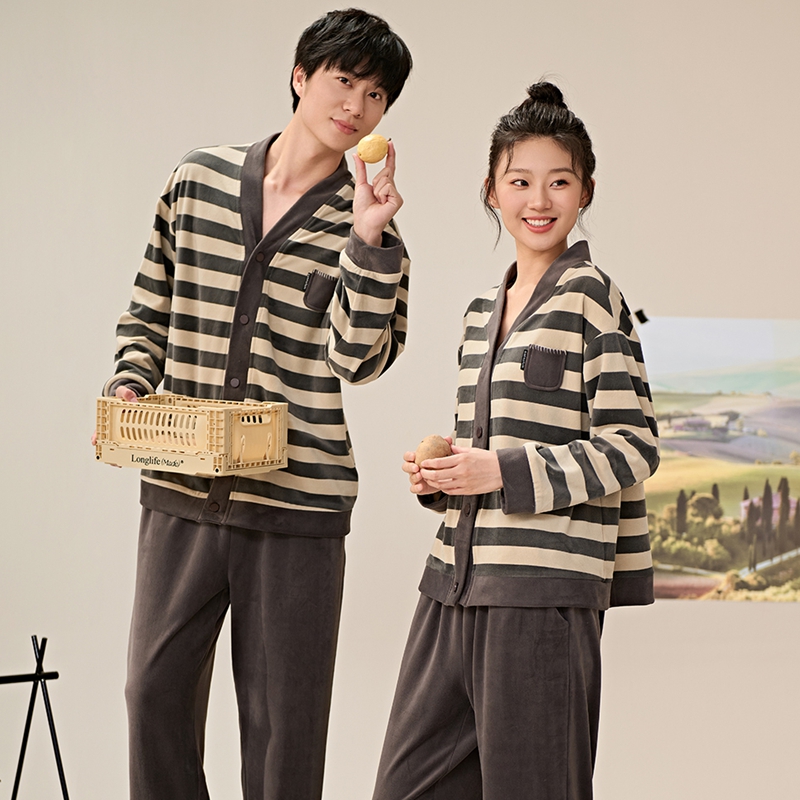 安之伴情侣睡衣秋冬季新款男女海岛绒时尚保暖可爱条纹休闲家居服