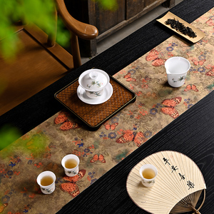 复古防水仿云纱茶席双面桌旗禅意茶桌布桌旗轻奢国风家用茶台布艺