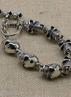 复古朋克风骷颅头镂空男士银手链