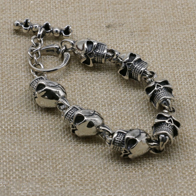 复古朋克风骷颅头镂空男士银手链