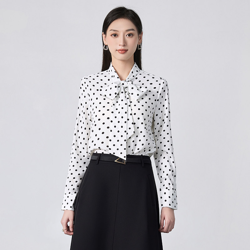 别致设计感系带衬衣女2024早秋新款时尚韩版洋气减龄长袖波点衬衫