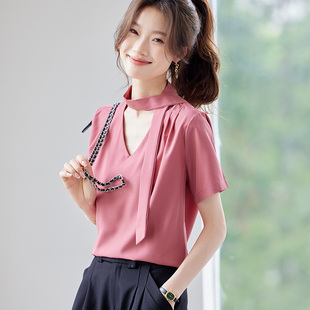 高级感OL气质V领职业衬衫 新款 上衣夏季 别致设计感飘带衬衣女短袖