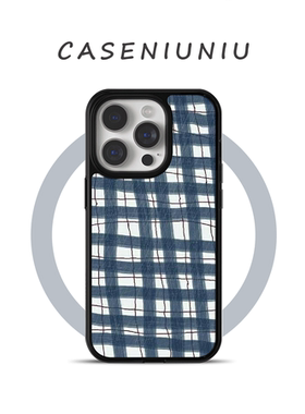 日系复古蓝白格纹 适用苹果17promax手机壳磁吸iPhone16新款超好看15小众高级感14全包13做旧华为小米手机壳